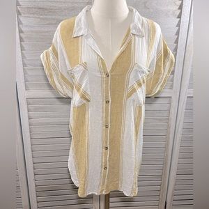 THREAD & SUPPLY Linen Blend Button Down Shirt Tan/White-Large
